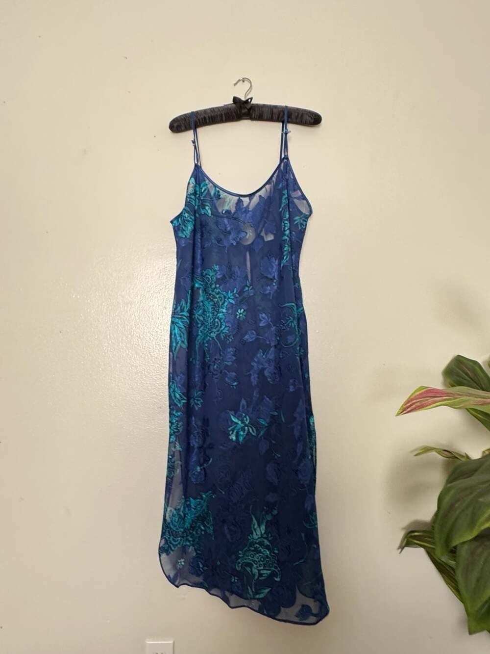 Rare! Deligates Vintage Blue Floral Burnout Sheer Cami Slip Dress